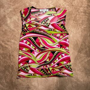 Andria Lieu Vintage 90s Multicolor Geometric Print Shirt Pink Green Sleeveless